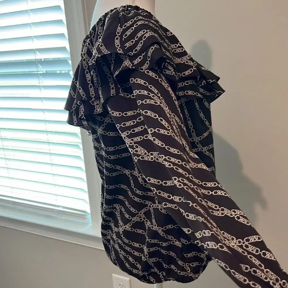 MICHAEL‎ Michael Kors Printed Pebble Crepe Off-the-Shoulder L/S Bias Cut Top M